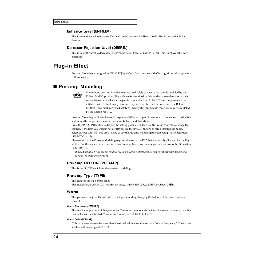 Roland MMP-2 owner manual Plug-in Effect, Pre-amp Modeling 