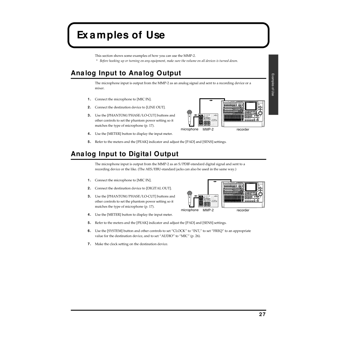 Roland MMP-2 owner manual Examples of Use, Analog Input to Analog Output, Analog Input to Digital Output 