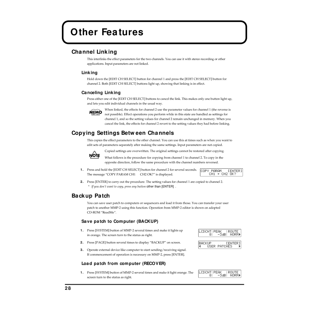 Roland MMP-2 owner manual Other Features, Channel Linking, Copying Settings Between Channels, Backup Patch 