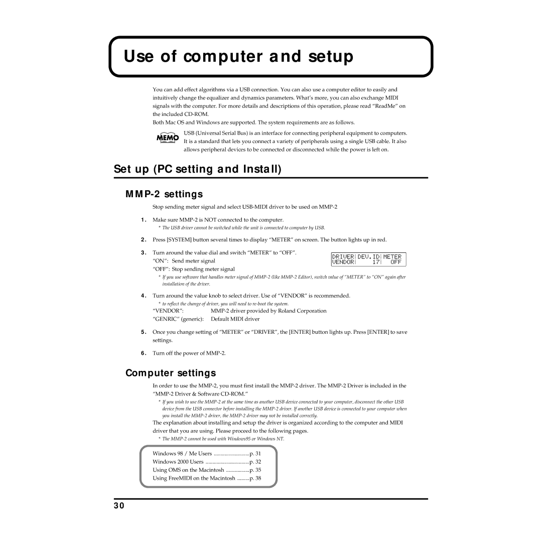 Roland owner manual Use of computer and setup, Set up PC setting and Install, MMP-2 settings, Computer settings 