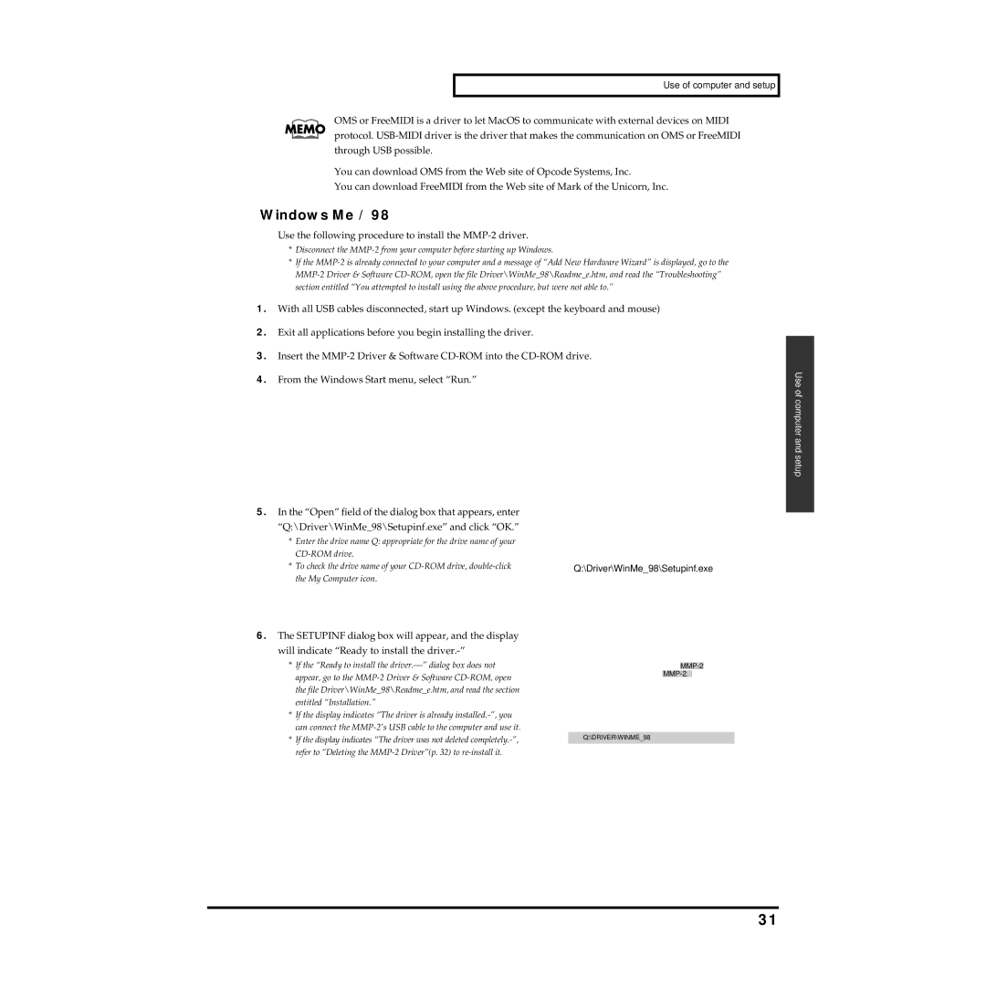 Roland owner manual Windows Me, Use the following procedure to install the MMP-2 driver 