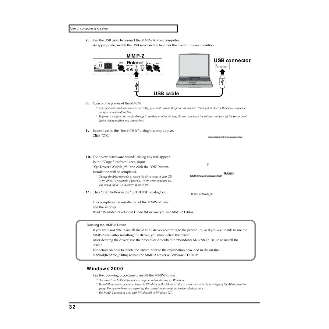 Roland owner manual Windows, Deleting the MMP-2 Driver 