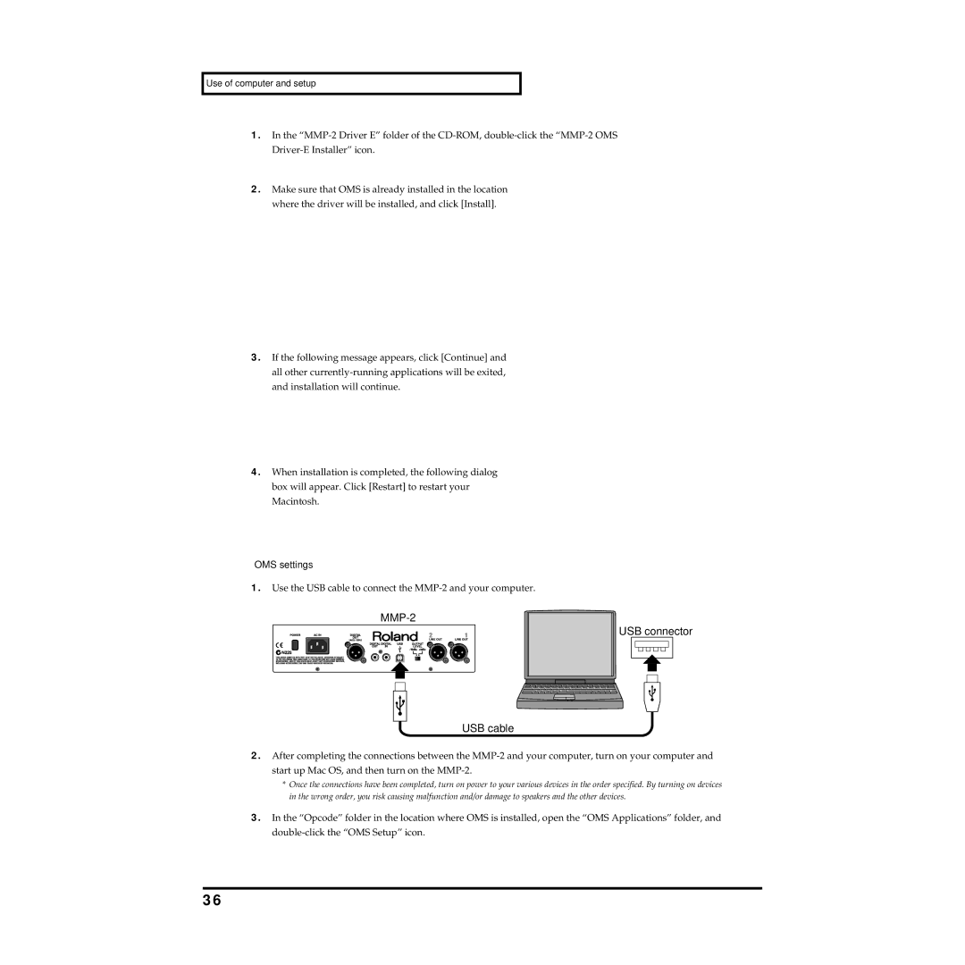 Roland MMP-2 owner manual USB connector USB cable, OMS settings 