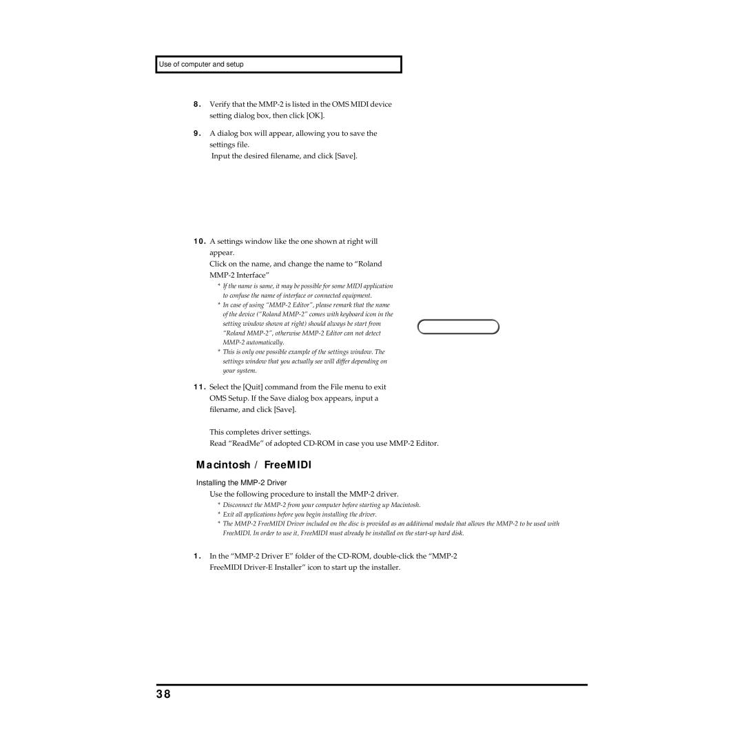 Roland owner manual Macintosh / FreeMIDI, Installing the MMP-2 Driver 