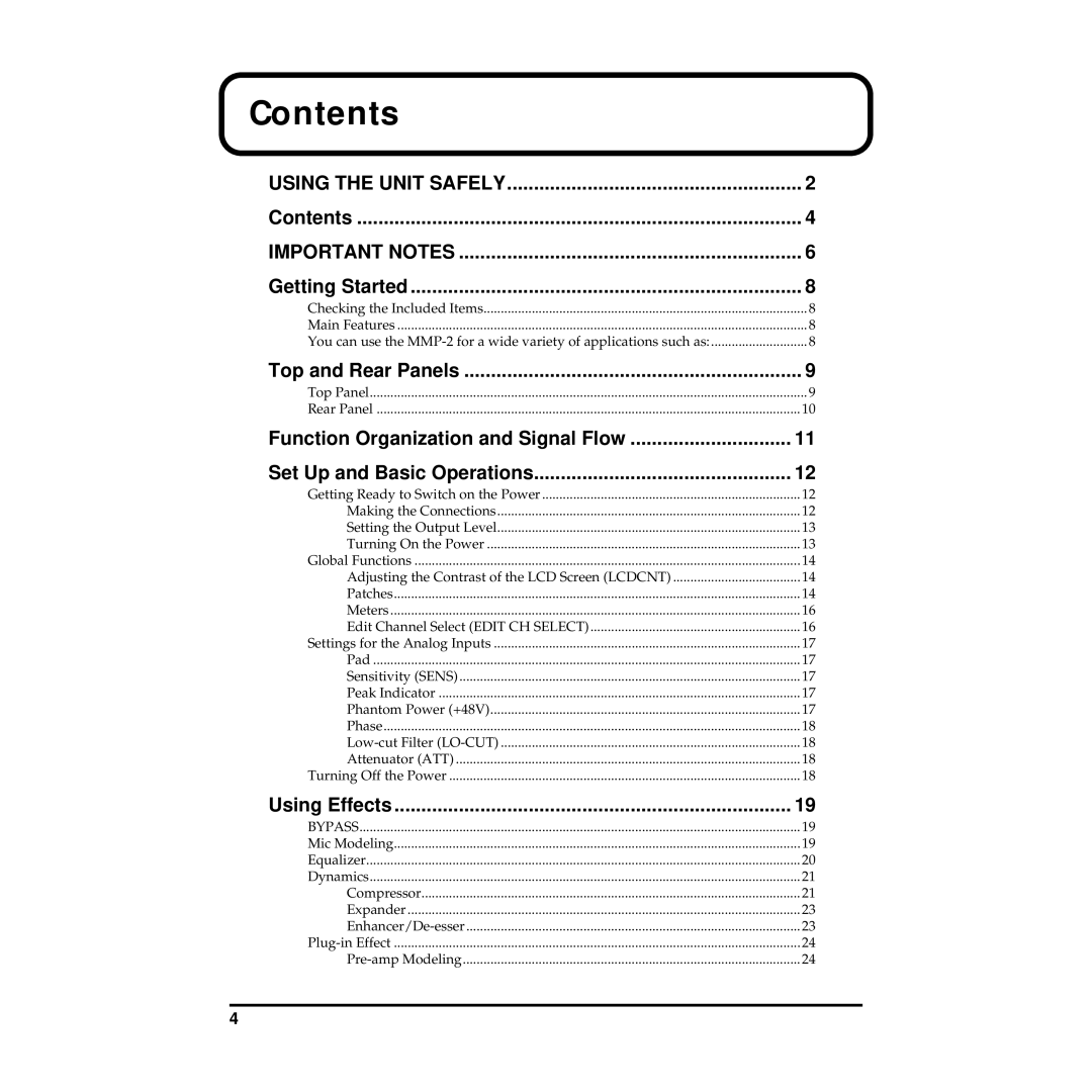 Roland MMP-2 owner manual Contents 