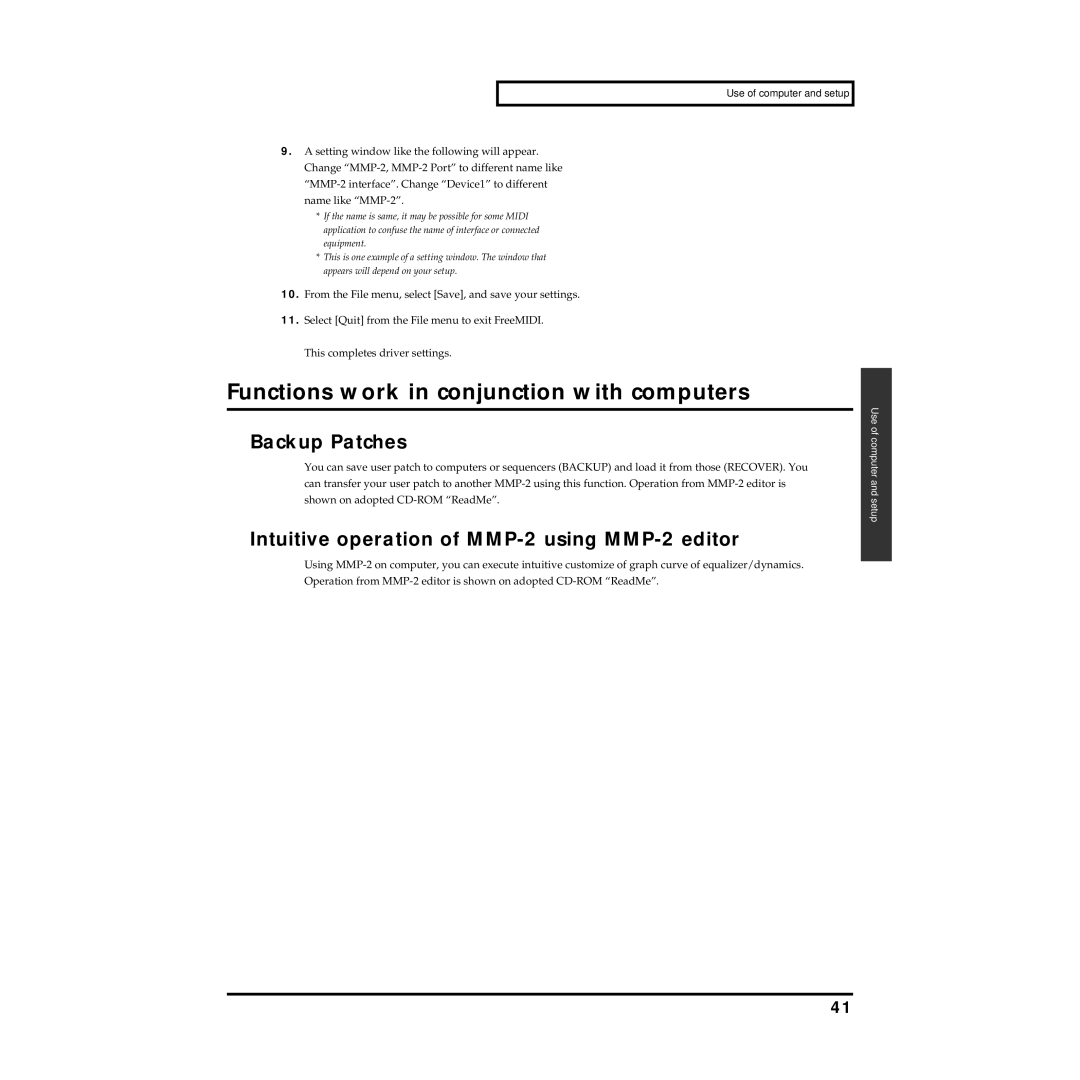 Roland Functions work in conjunction with computers, Backup Patches, Intuitive operation of MMP-2 using MMP-2 editor 