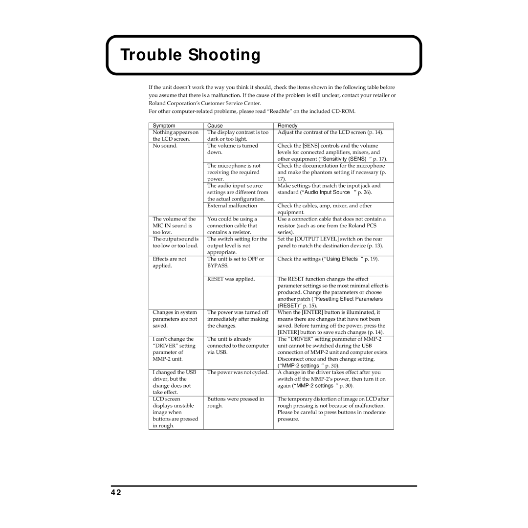 Roland owner manual Trouble Shooting, Symptom Cause Remedy, Another patch Resetting Effect Parameters, MMP-2 settings p 