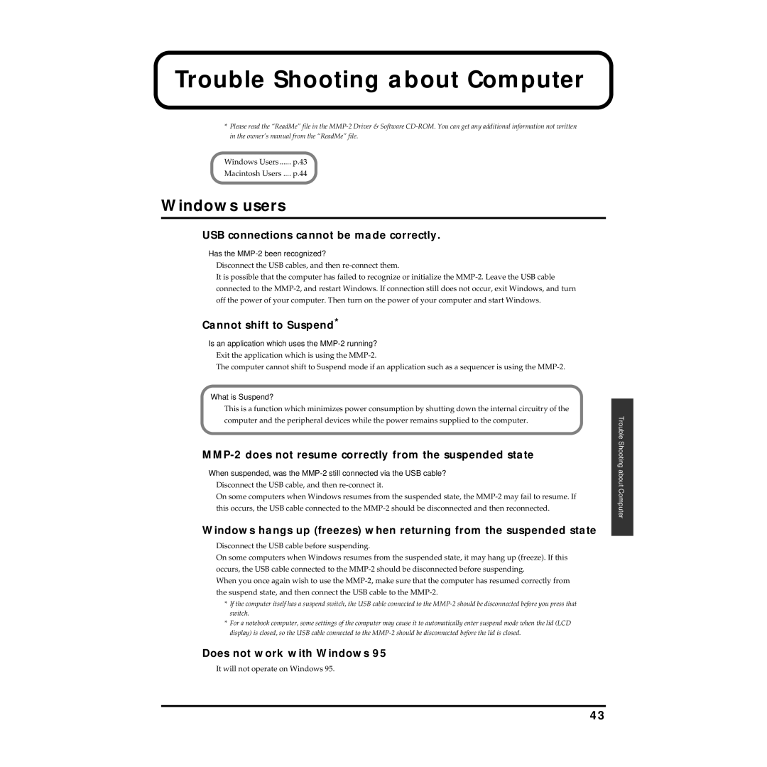 Roland MMP-2 owner manual Trouble Shooting about Computer, Windows users 