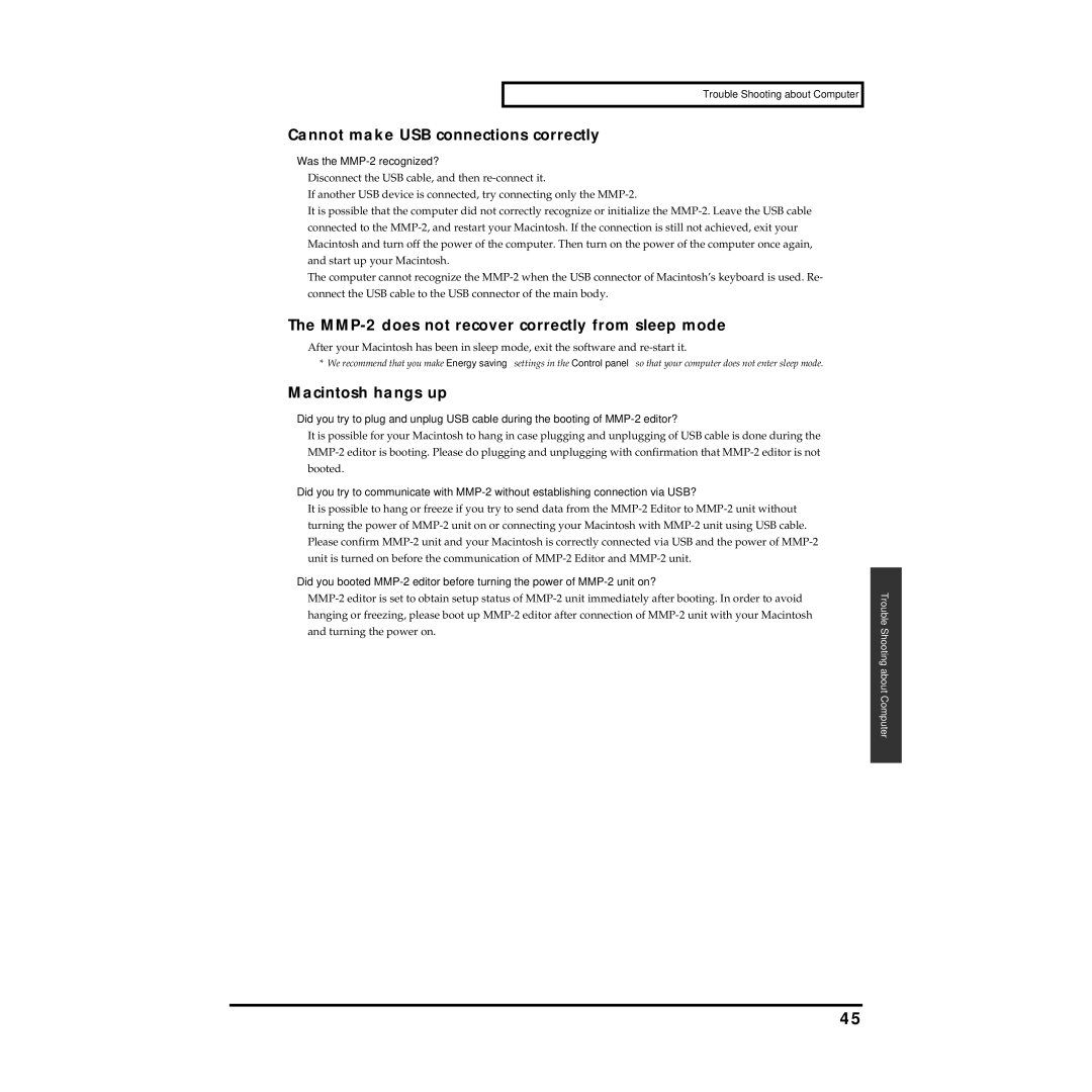 Roland Cannot make USB connections correctly, MMP-2 does not recover correctly from sleep mode, Macintosh hangs up 