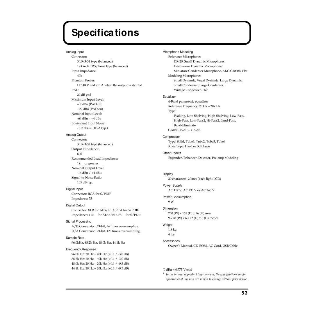 Roland MMP-2 owner manual Specifications 