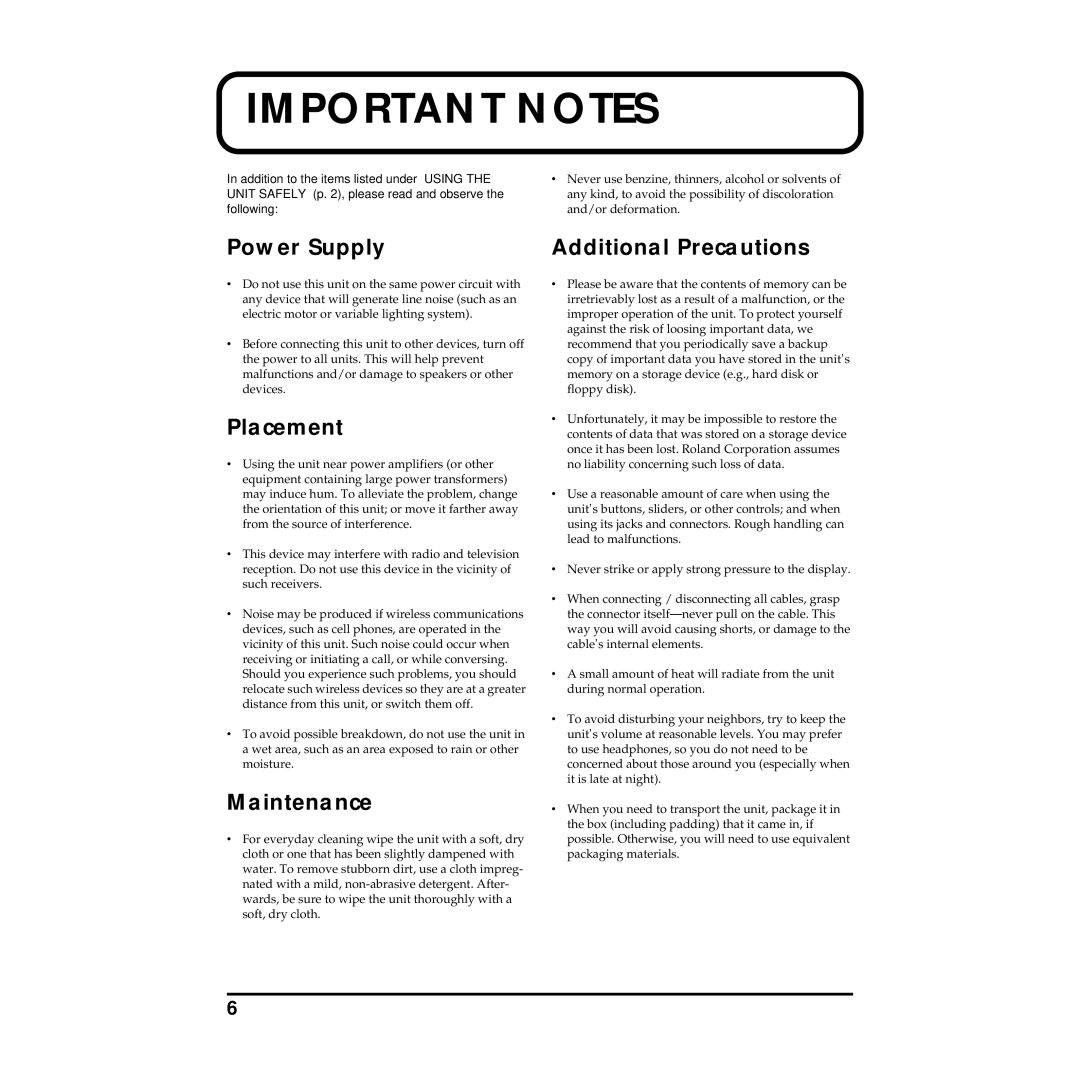 Roland MMP-2 owner manual Power Supply, Placement, Maintenance, Additional Precautions 