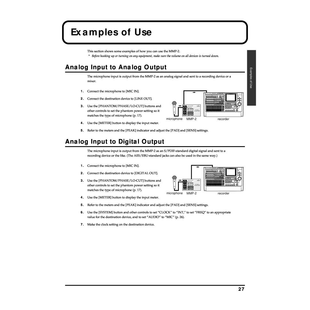 Roland MMP-2 owner manual Examples of Use, Analog Input to Analog Output, Analog Input to Digital Output 