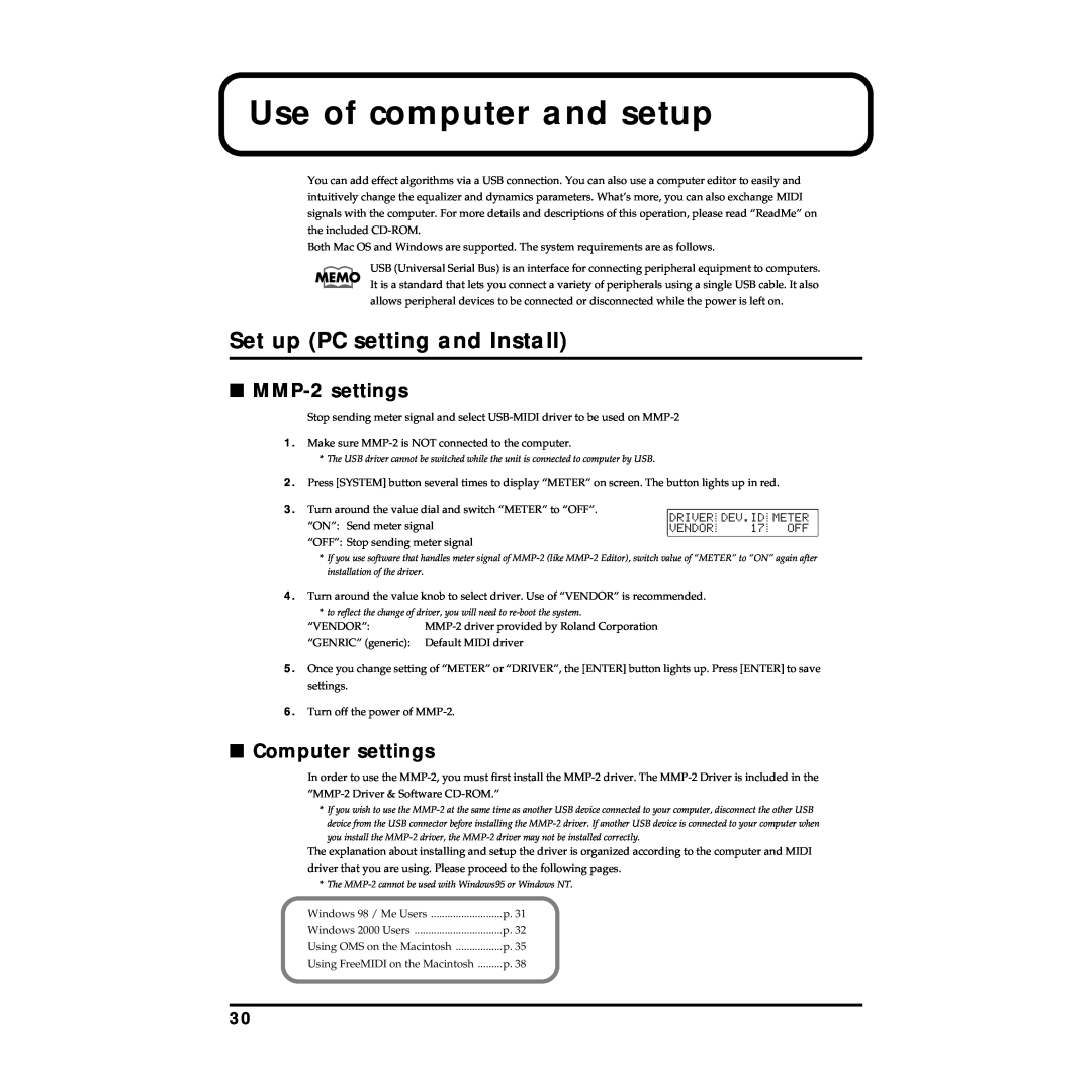Roland owner manual Use of computer and setup, Set up PC setting and Install, MMP-2settings, Computer settings 