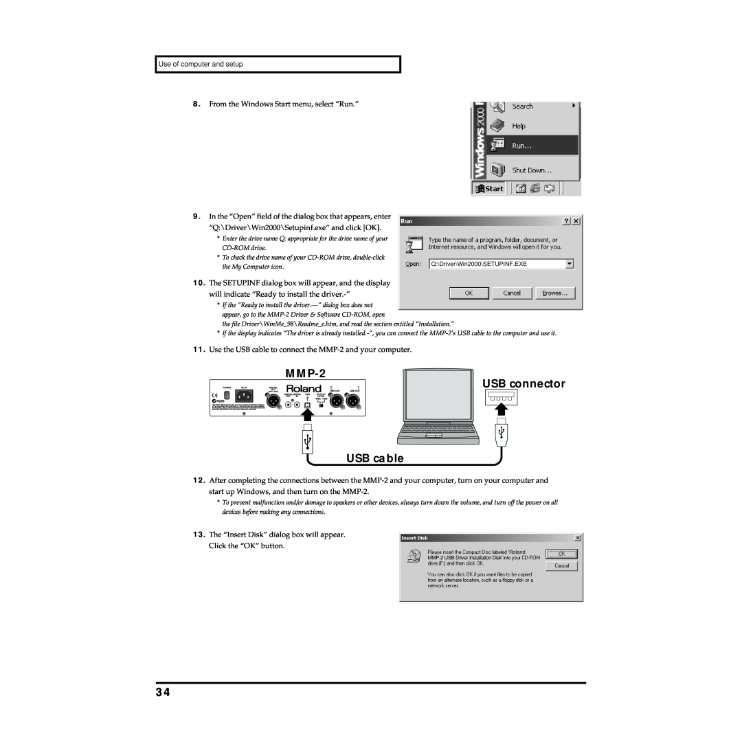 Roland owner manual MMP-2 USB connector USB cable, From the Windows Start menu, select “Run.” 
