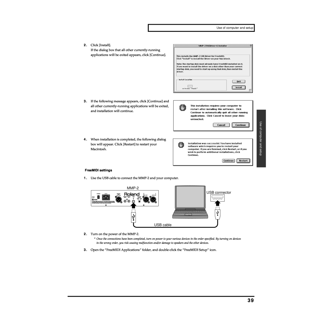 Roland owner manual MMP-2 USB connector USB cable, FreeMIDI settings 
