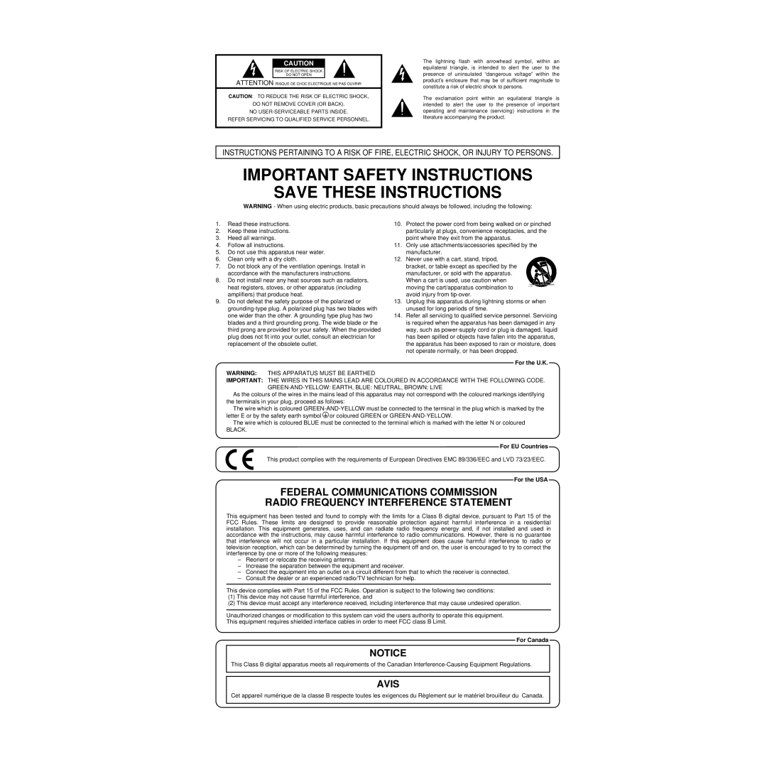 Roland MMP-2 Important Safety Instructions, Save These Instructions, Federal Communications Commission, Avis, For the U.K 