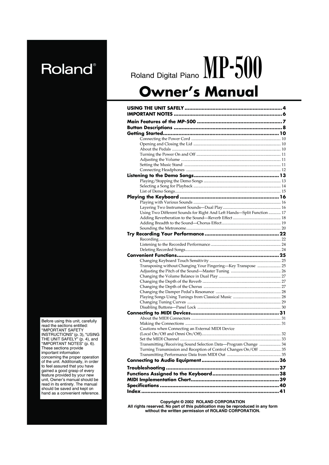 Roland MP-500 owner manual Listening to the Demo Songs, Playing the Keyboard, Try Recording Your Performance 