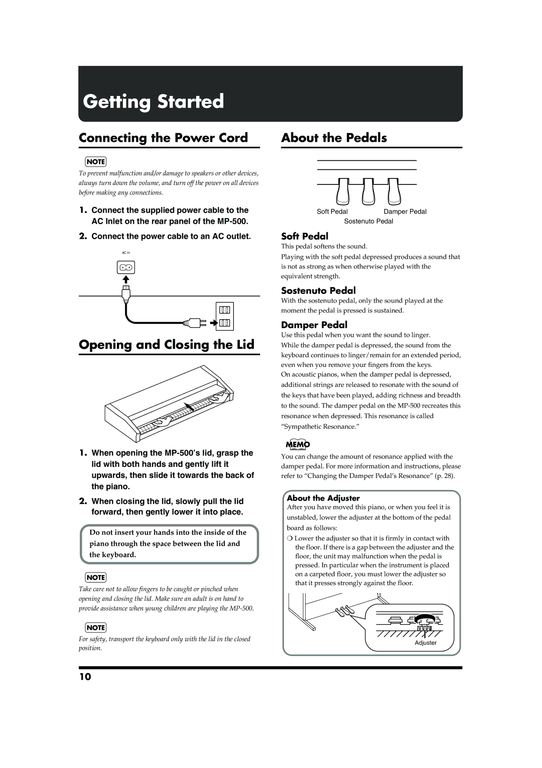 Roland MP-500 owner manual Getting Started, Connecting the Power Cord, Opening and Closing the Lid, About the Pedals 