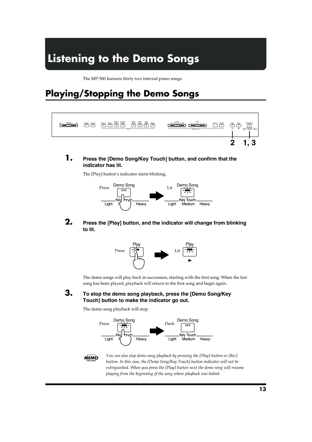 Roland MP-500 owner manual Listening to the Demo Songs, Playing/Stopping the Demo Songs 