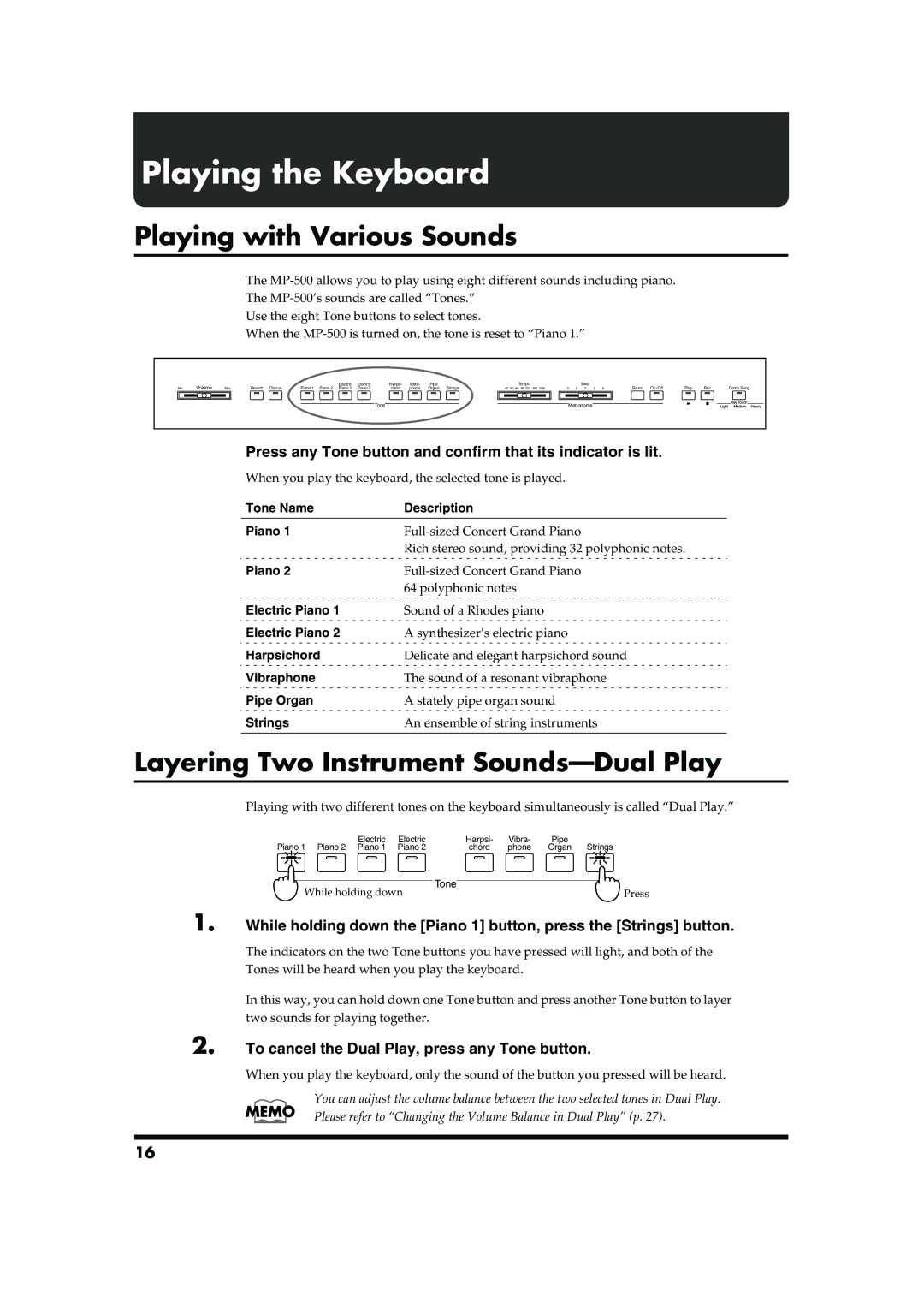 Roland MP-500 owner manual Playing the Keyboard, Playing with Various Sounds, Layering Two Instrument Sounds-Dual Play 