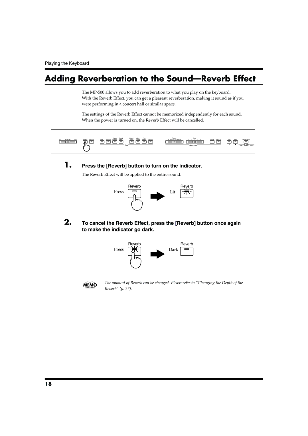 Roland MP-500 Adding Reverberation to the Sound-Reverb Effect, Press the Reverb button to turn on the indicator 