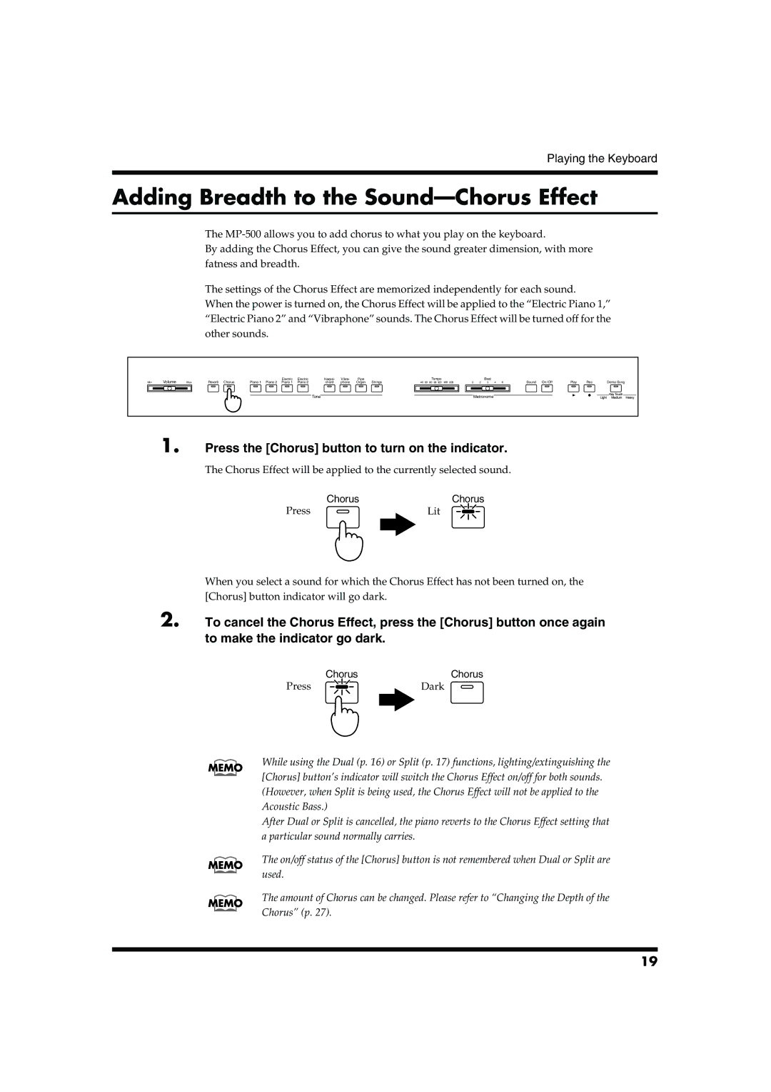 Roland MP-500 owner manual Adding Breadth to the Sound-Chorus Effect, Press the Chorus button to turn on the indicator 