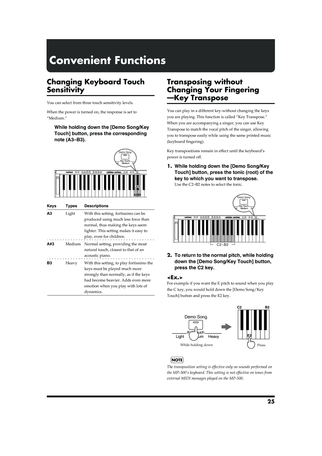 Roland MP-500 owner manual Convenient Functions, Changing Keyboard Touch Sensitivity, While holding down the Demo Song/Key 