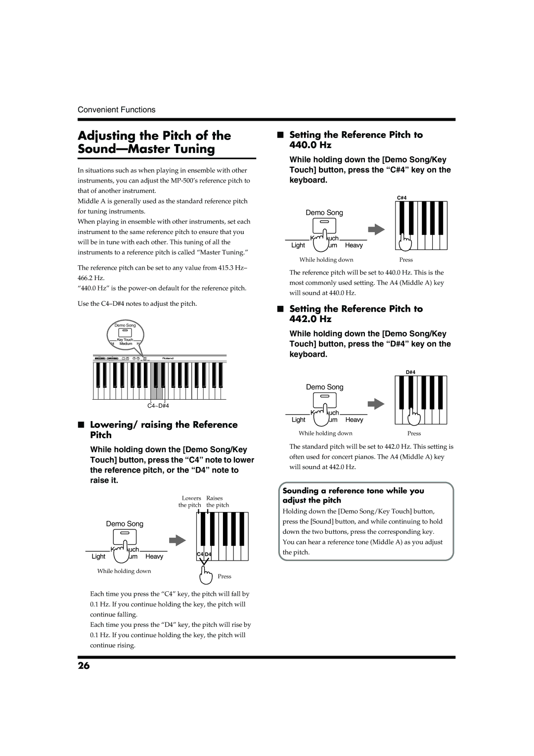 Roland MP-500 owner manual Adjusting the Pitch of the Sound-Master Tuning, Setting the Reference Pitch to 442.0 Hz 