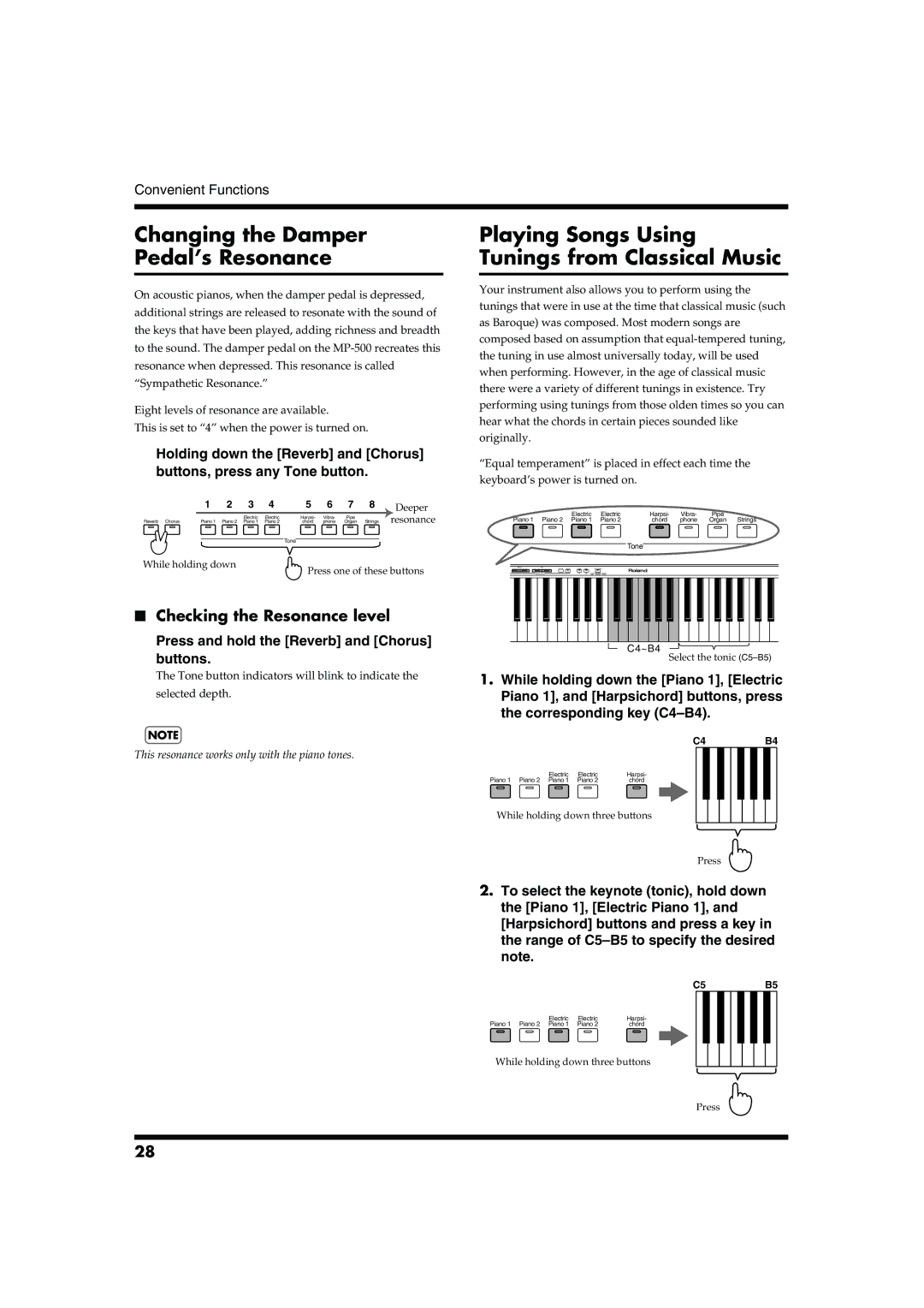 Roland MP-500 owner manual Changing the Damper Pedal’s Resonance, Playing Songs Using Tunings from Classical Music 