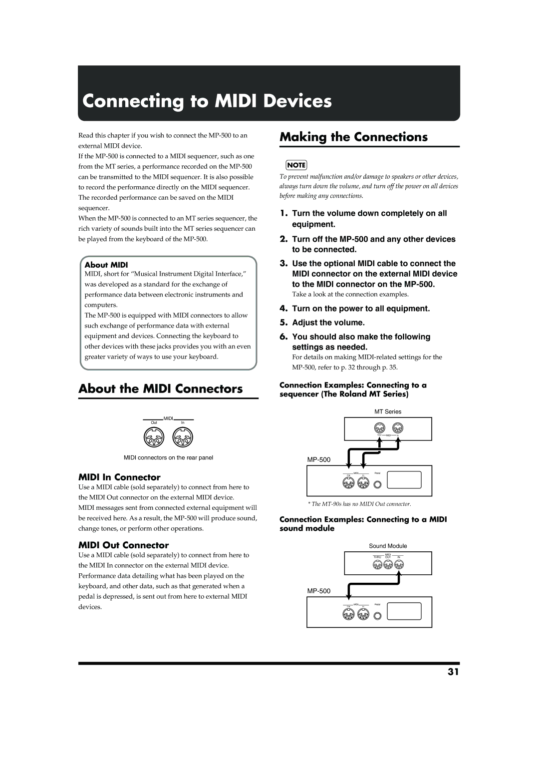 Roland MP-500 owner manual Connecting to Midi Devices, Making the Connections, About the Midi Connectors, Midi In Connector 