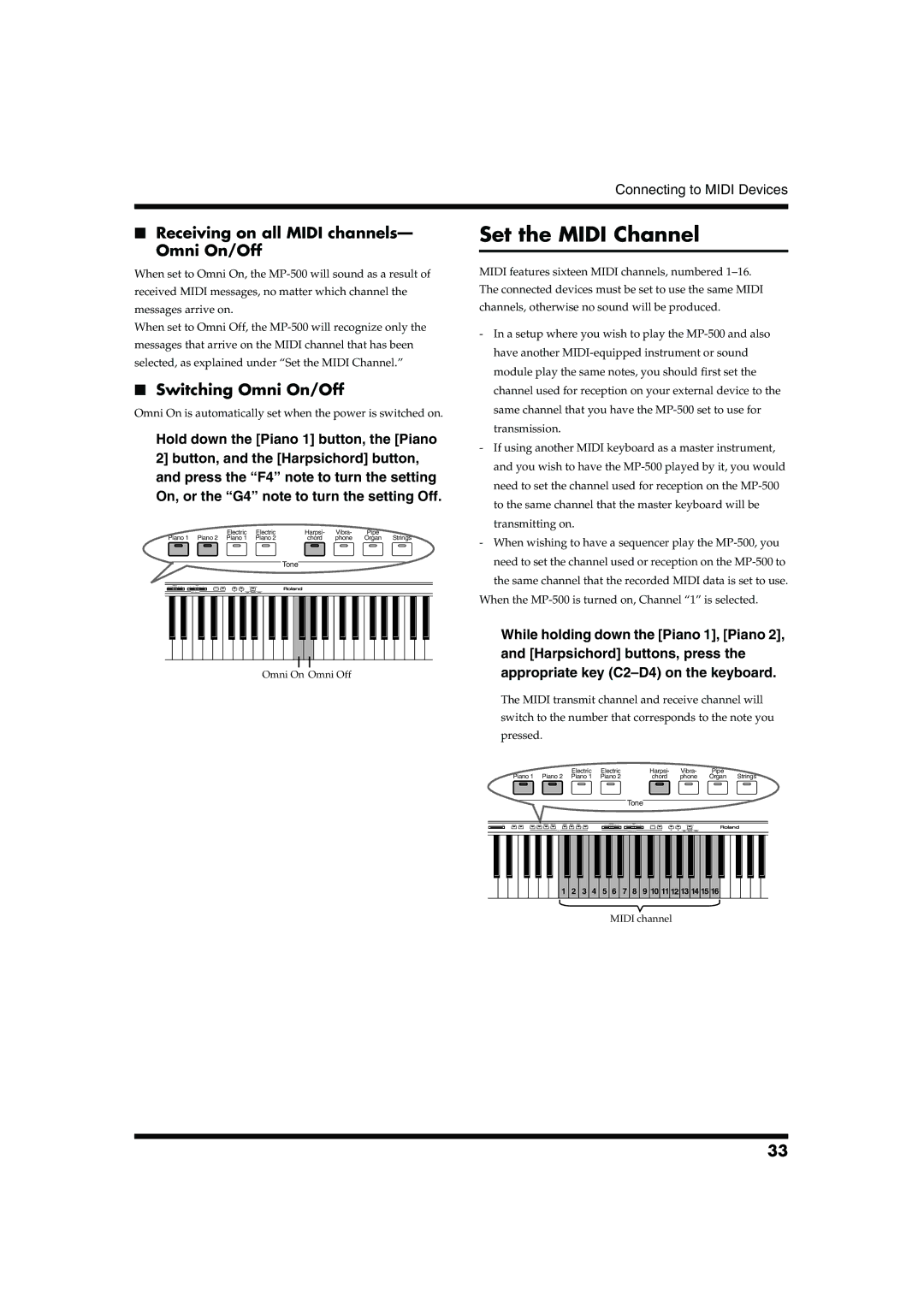 Roland MP-500 owner manual Set the Midi Channel, Receiving on all Midi channels- Omni On/Off, Switching Omni On/Off 