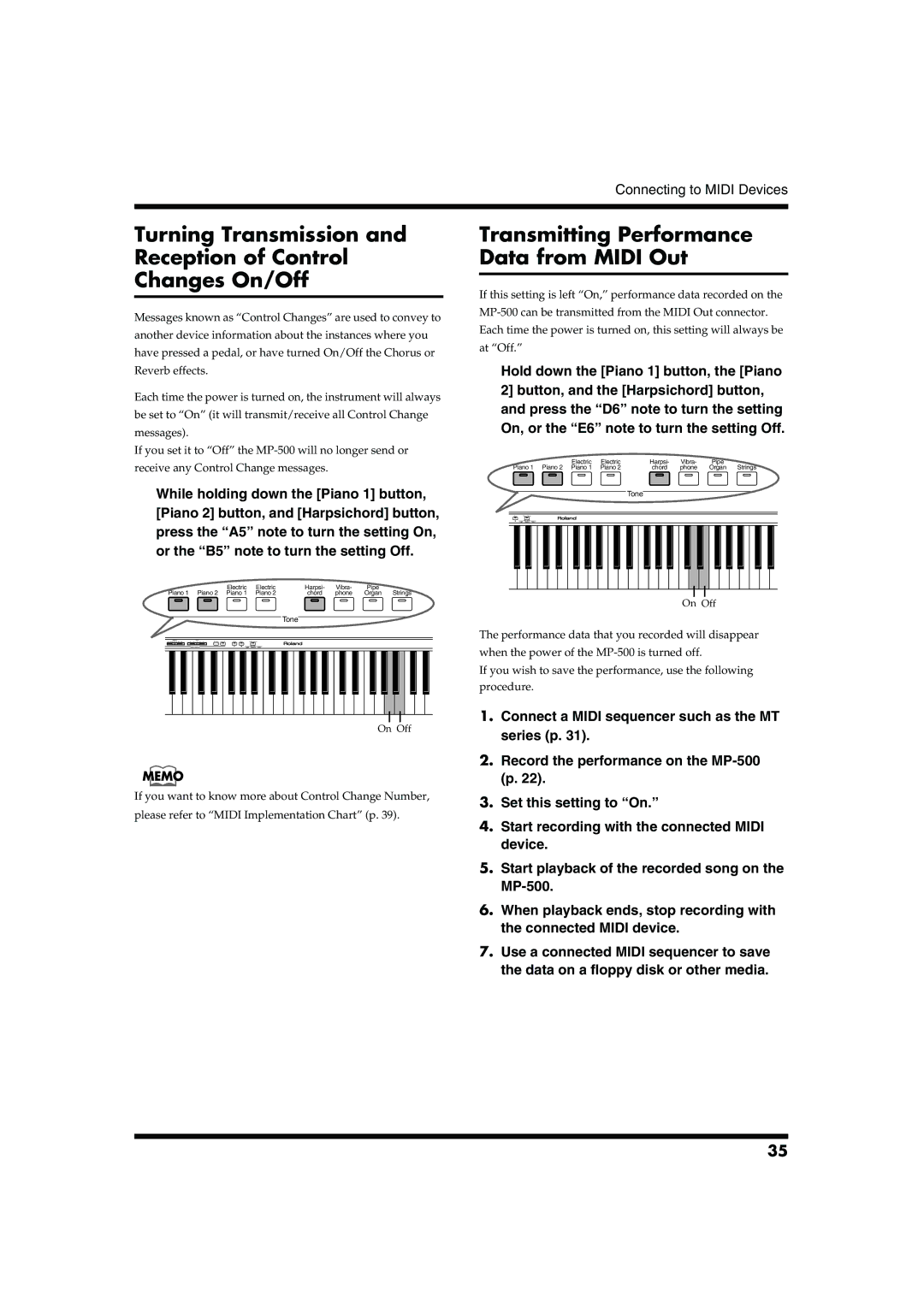 Roland MP-500 Turning Transmission Reception of Control Changes On/Off, Transmitting Performance Data from Midi Out 