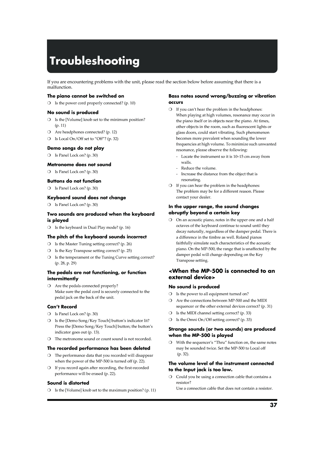 Roland owner manual Troubleshooting, When the MP-500 is connected to an external device 