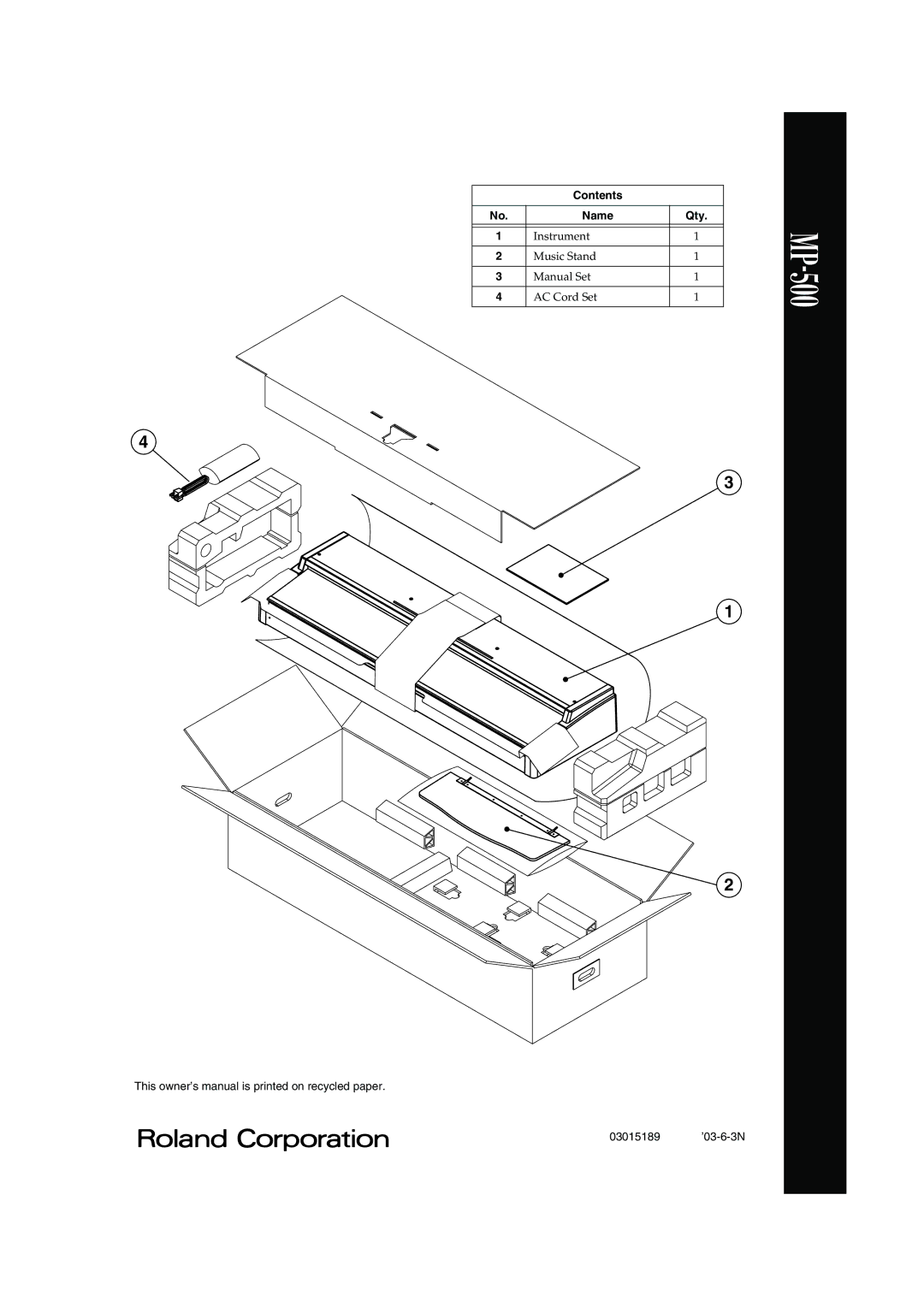 Roland MP-500 owner manual Contents Name Qty 