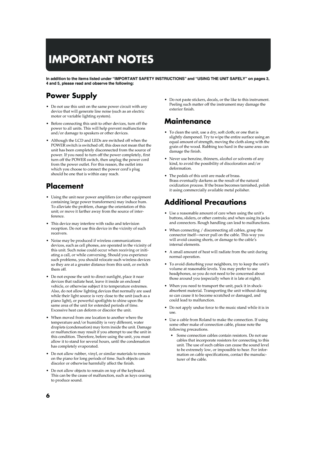 Roland MP-500 owner manual Power Supply, Placement, Maintenance, Additional Precautions 