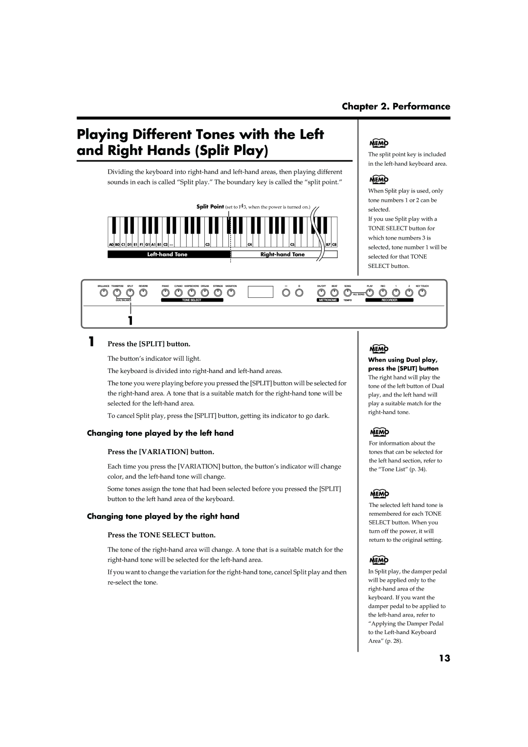 Roland MP-60 Press the Split button, Changing tone played by the left hand, Changing tone played by the right hand 