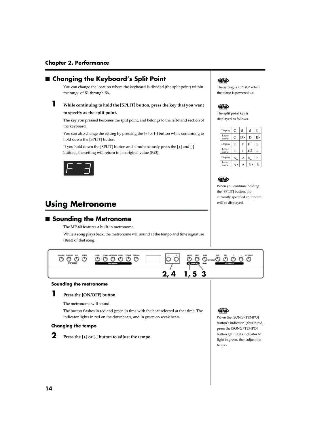 Roland MP-60 owner manual Using Metronome, 1, 5, Changing the Keyboard’s Split Point, Sounding the Metronome 