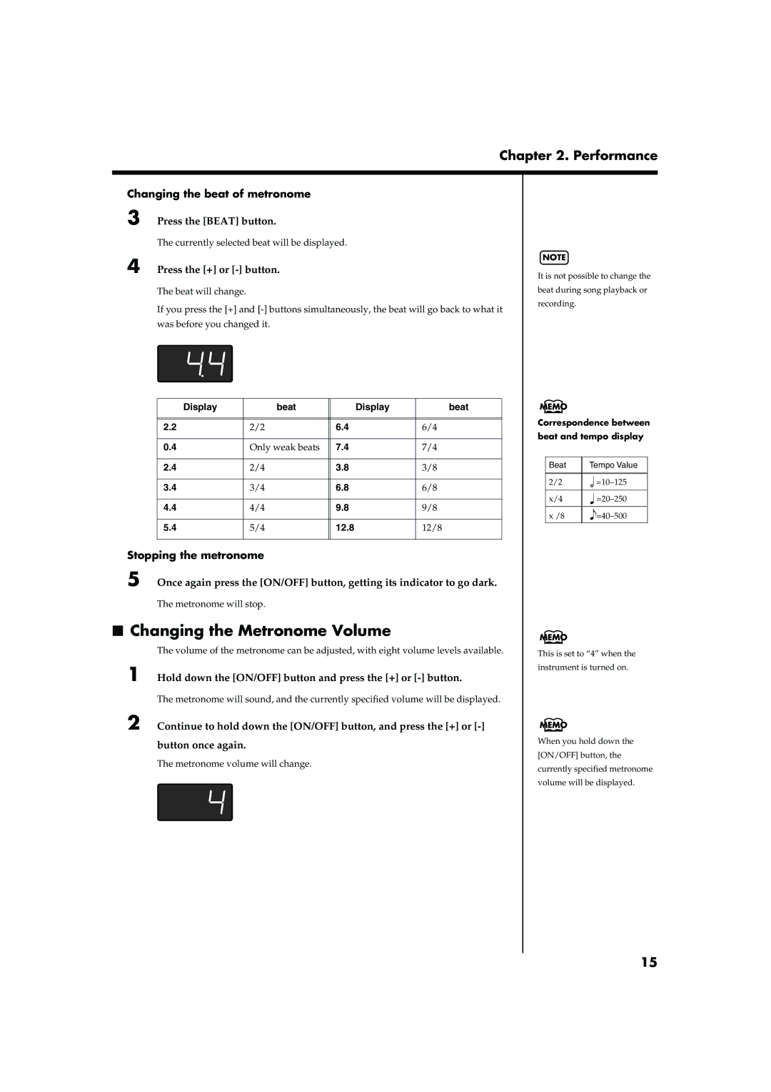 Roland MP-60 owner manual Changing the Metronome Volume, Changing the beat of metronome, Stopping the metronome 