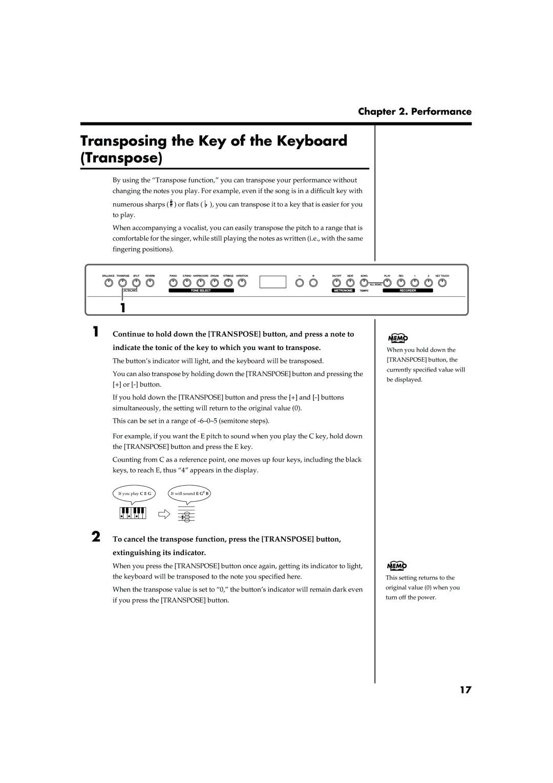 Roland MP-60 owner manual Transposing the Key of the Keyboard Transpose, Fig.panel2-6 