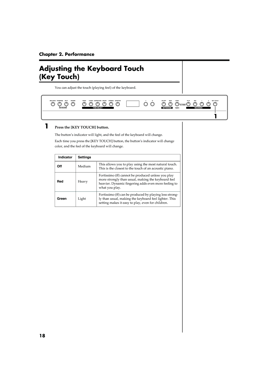 Roland MP-60 owner manual Adjusting the Keyboard Touch Key Touch, Press the KEY Touch button, Indicator Settings Off 