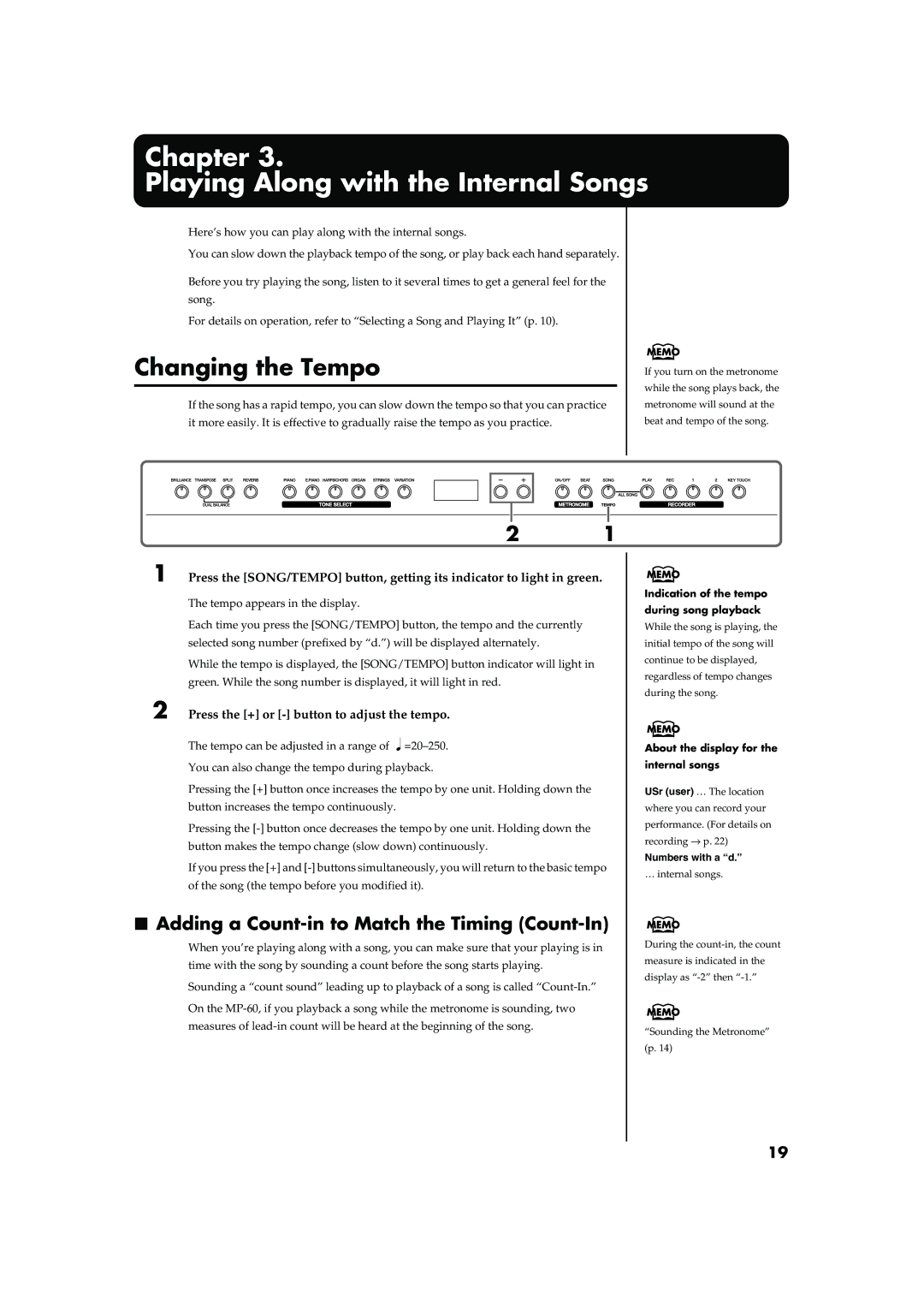 Roland MP-60 owner manual Changing the Tempo, Adding a Count-in to Match the Timing Count-In 