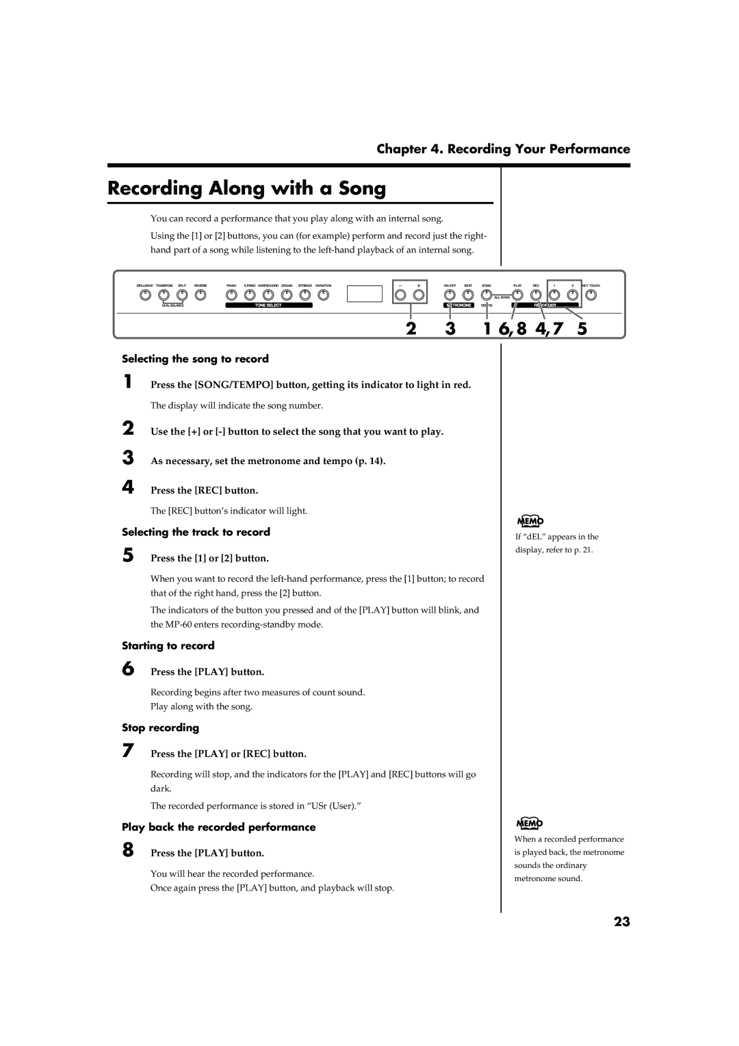 Roland MP-60 owner manual Recording Along with a Song, 8 4, Selecting the song to record, Selecting the track to record 