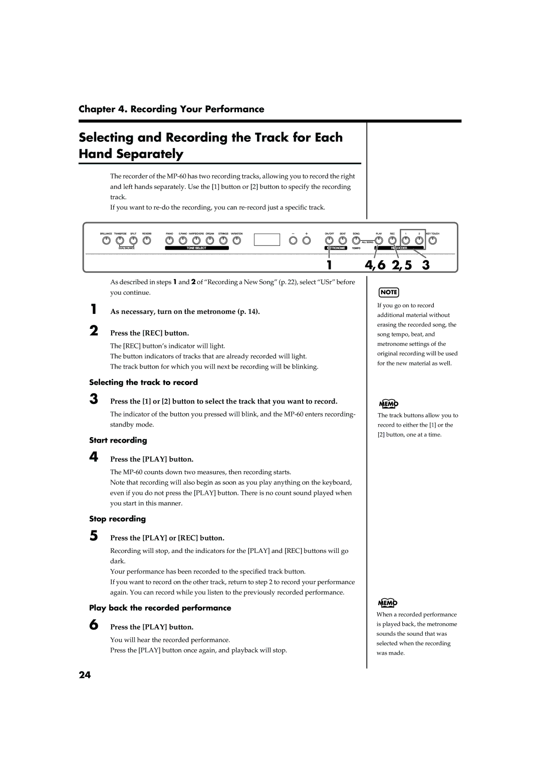 Roland MP-60 owner manual Selecting and Recording the Track for Each Hand Separately 