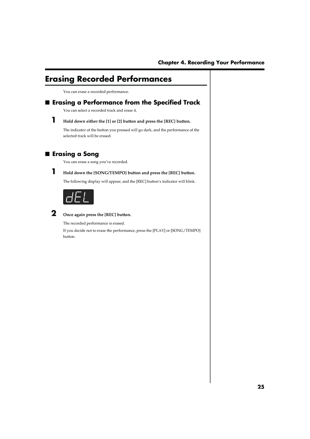 Roland MP-60 owner manual Erasing Recorded Performances, Erasing a Performance from the Specified Track, Erasing a Song 