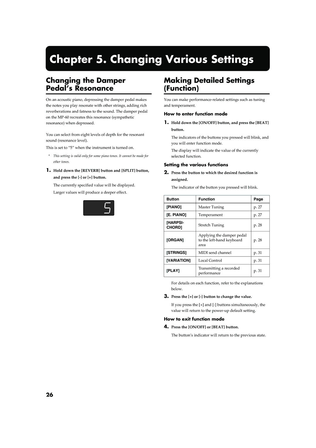 Roland MP-60 Changing Various Settings, Changing the Damper Pedal’s Resonance, Making Detailed Settings Function 