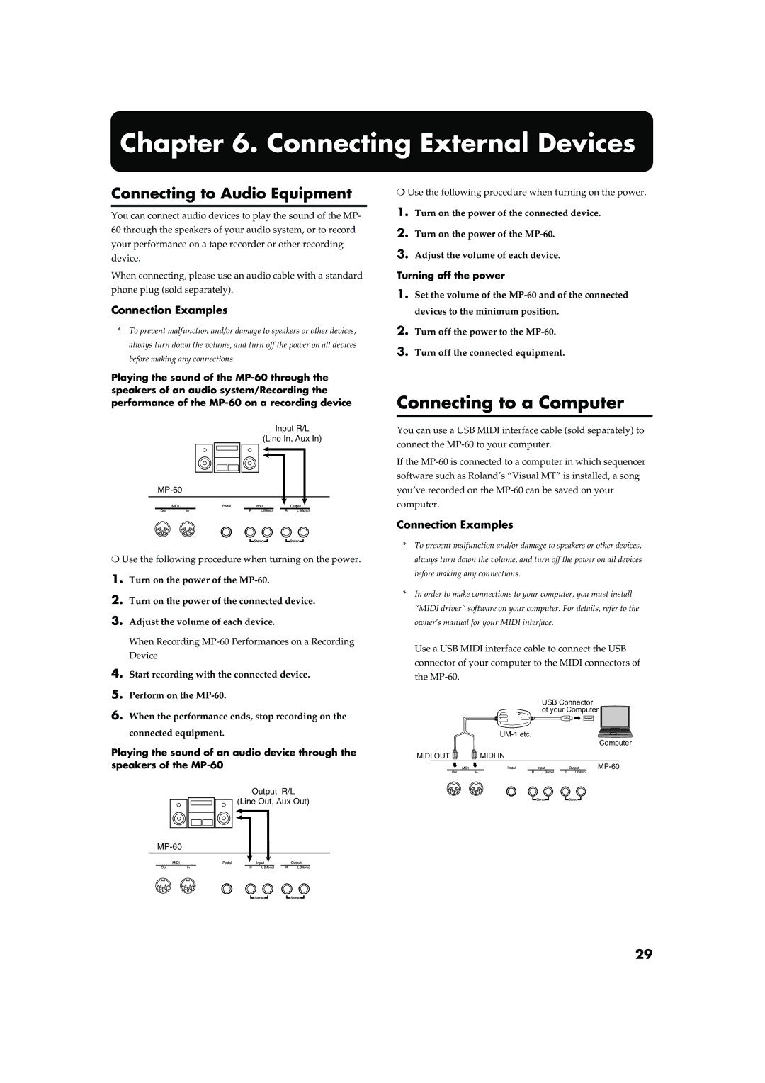 Roland MP-60 Connecting External Devices, Connecting to a Computer, Connecting to Audio Equipment, Connection Examples 