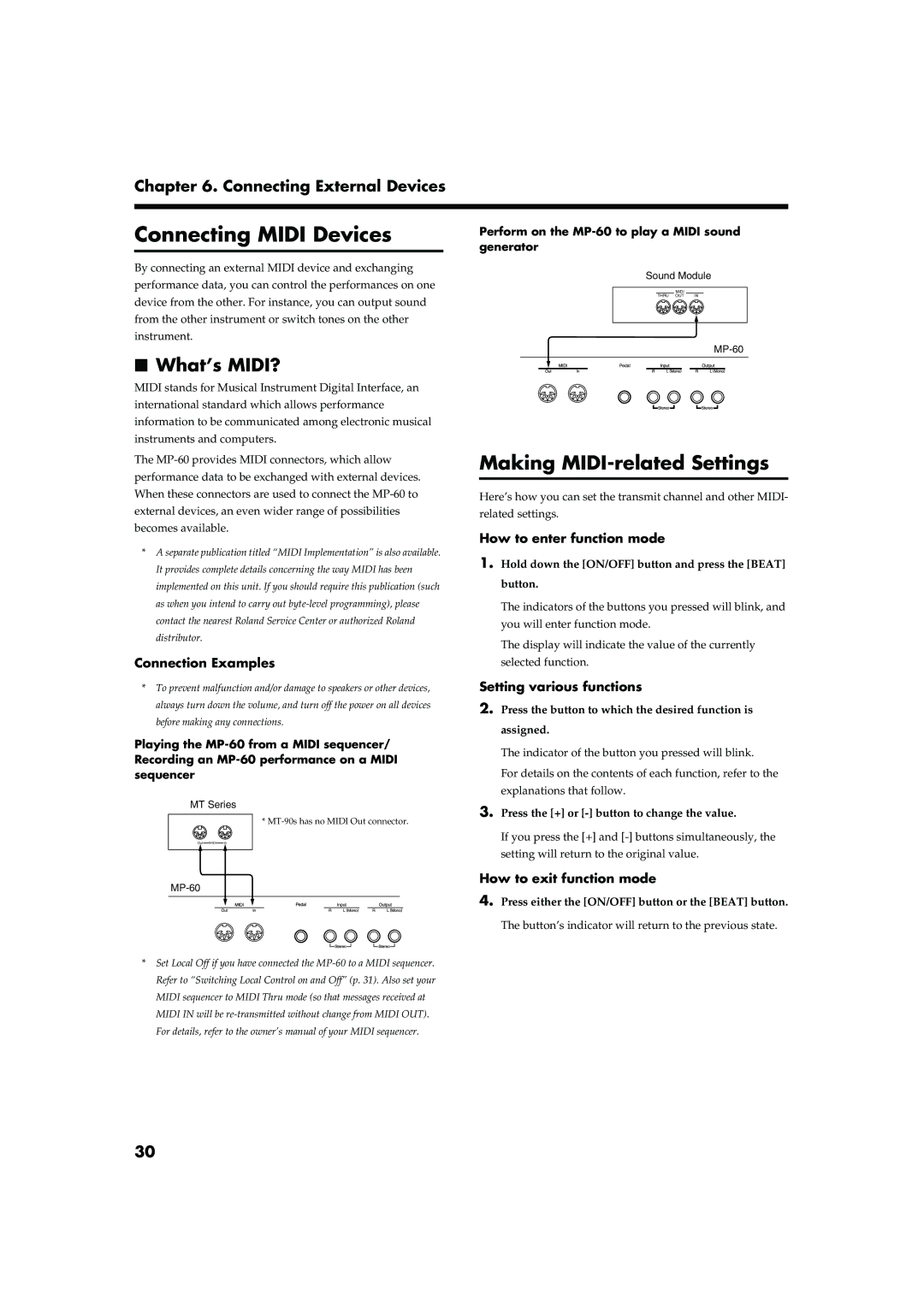 Roland MP-60 owner manual Connecting Midi Devices, What’s MIDI?, Setting various functions 