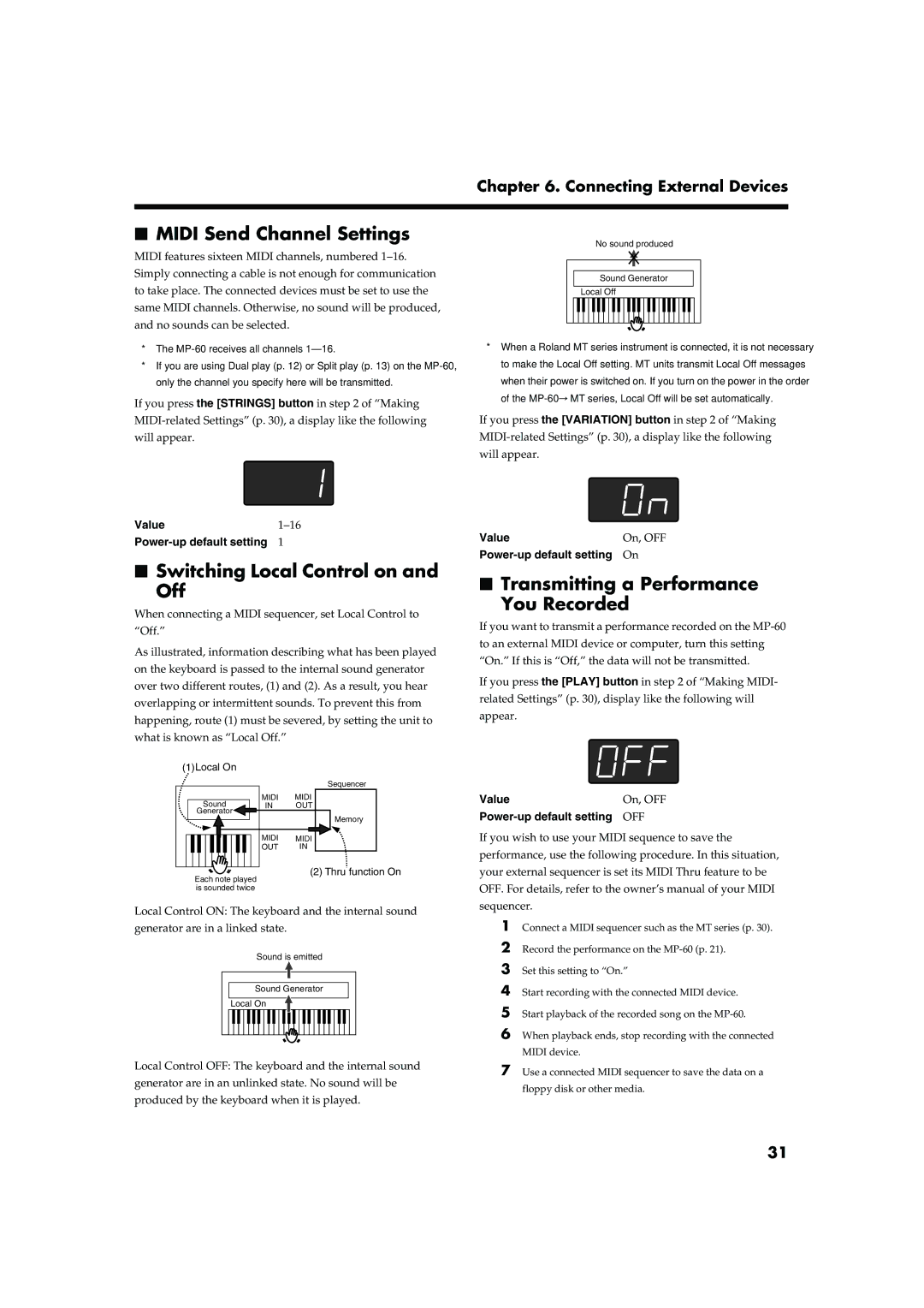 Roland MP-60 Midi Send Channel Settings, Switching Local Control on Off, Transmitting a Performance You Recorded 