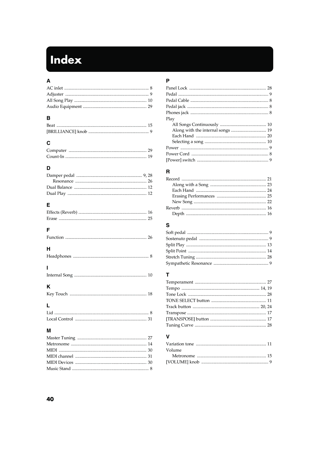 Roland MP-60 owner manual Index, Midi 