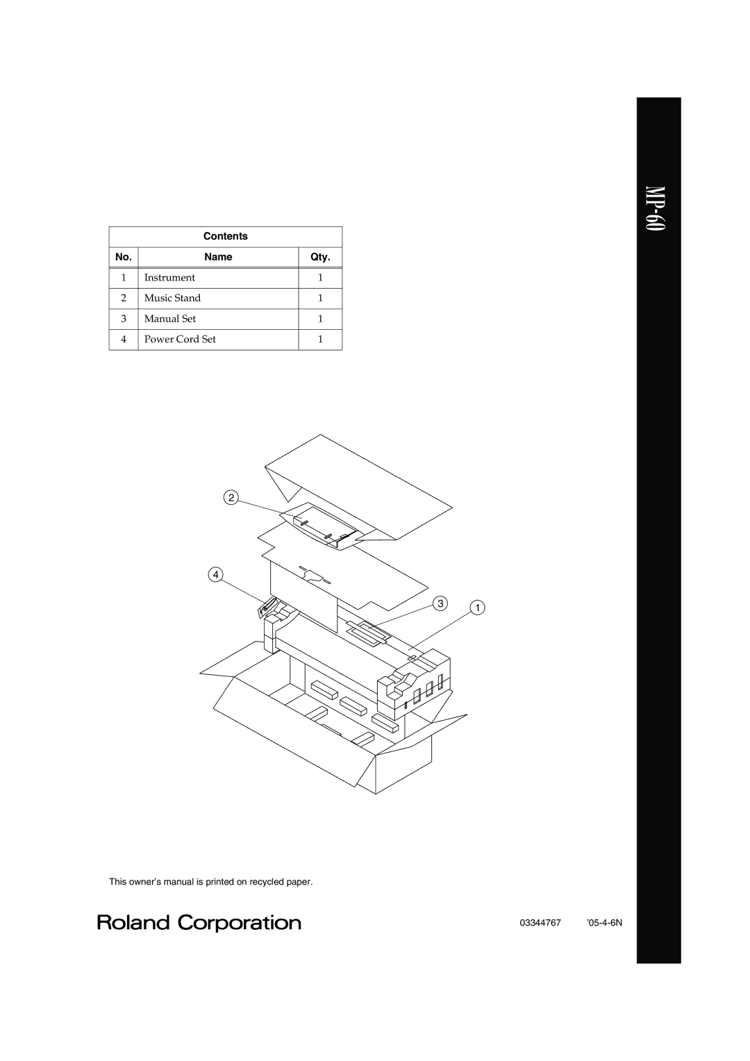 Roland MP-60 owner manual Contents Name Qty 